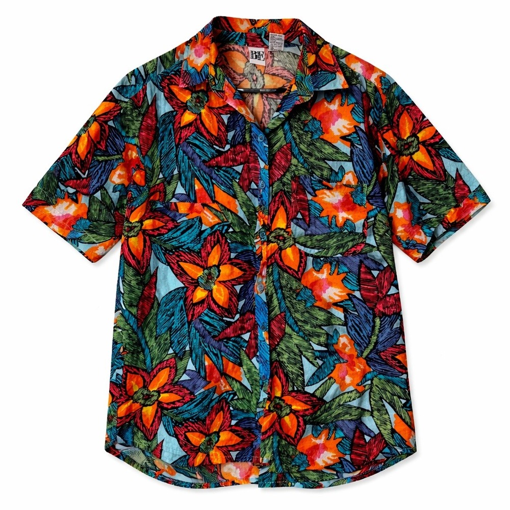 Vintage‎ Tropical Floral Button Down Rainbow Medium Cotton Grannycore Dopamine